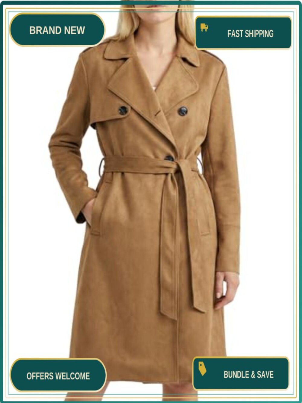 Faux Suede Trench Coat Long Classic Double-Breasted Notched Collar Belted